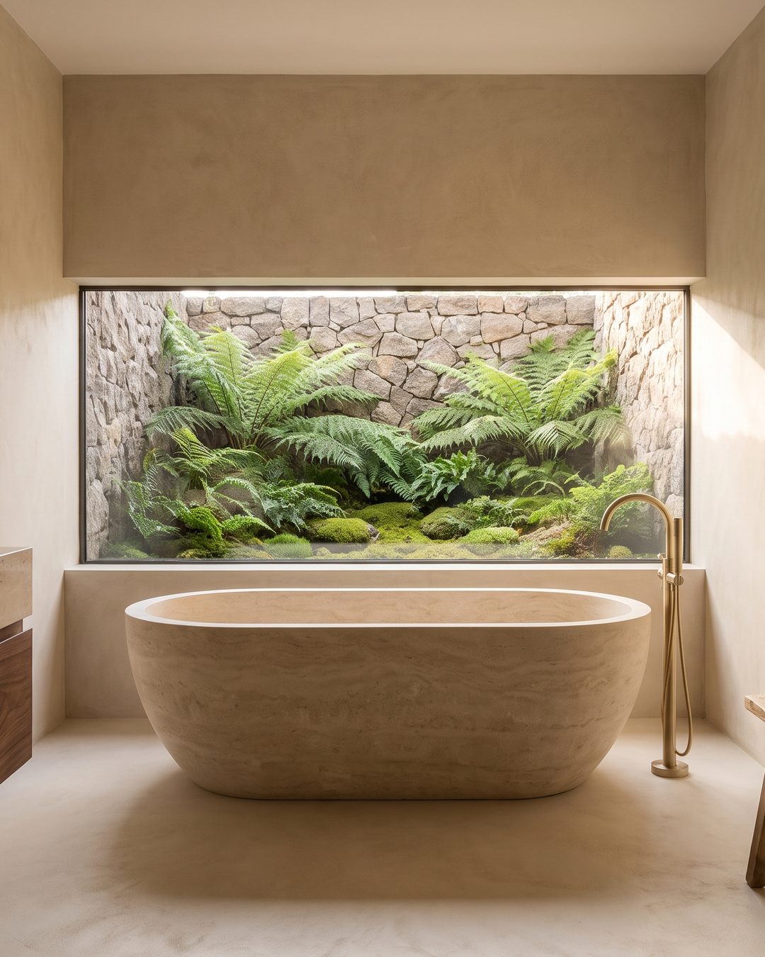 Visualización de baño con tina exenta de piedra, lavabo de piedra y ventana a un jardín de helechos