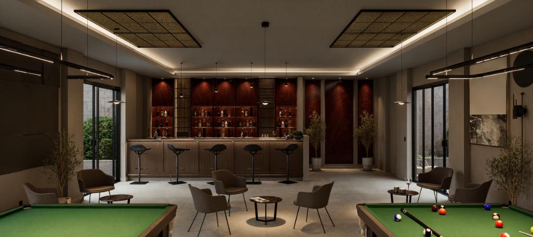 Render de bar con barra de madera, bancos altos, contrabarra iluminada en tono vino y mesas de billar
