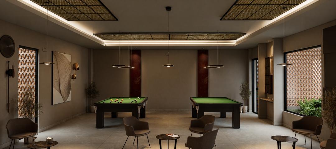 Render de sala de juegos con dos mesas de billar, lámparas colgantes, plafón de celosía y muros de celosía de barro