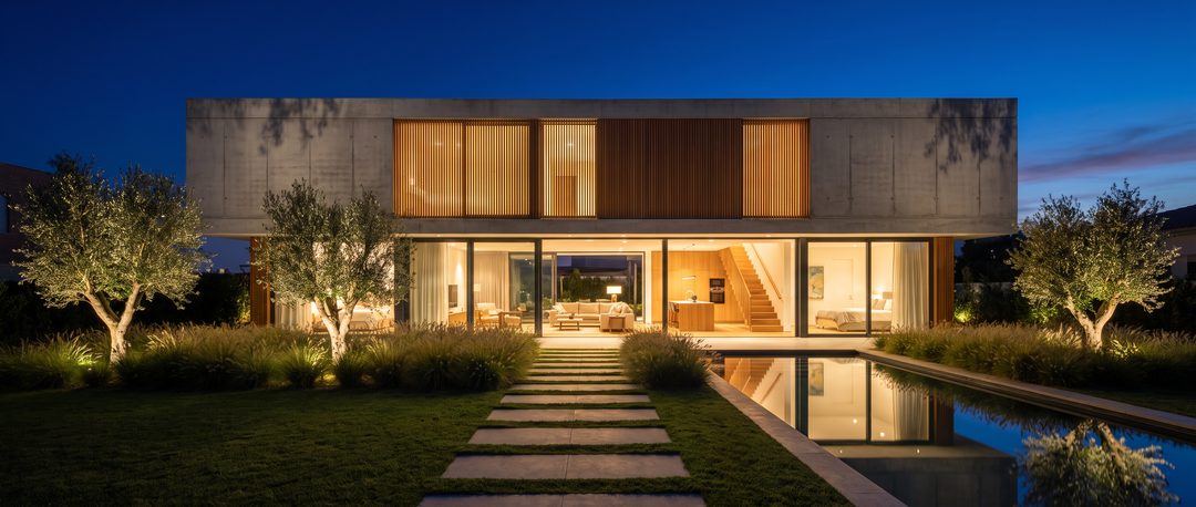 Visualización de casa contemporánea de dos niveles de noche, con muros de concreto, celosías de madera, alberca y sendero de piedra