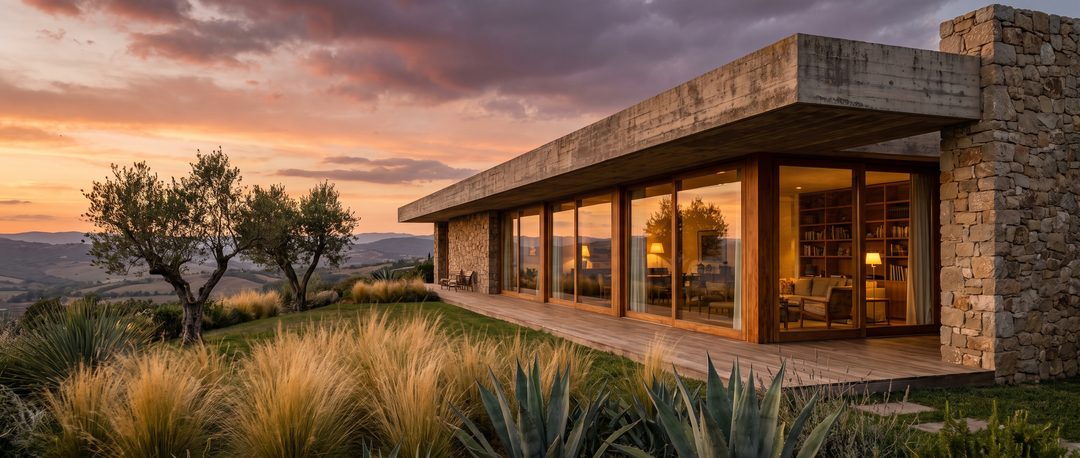 Visualización de casa de una planta en una ladera al atardecer, con losa de concreto, ventanales de piso a techo, olivos y pastos