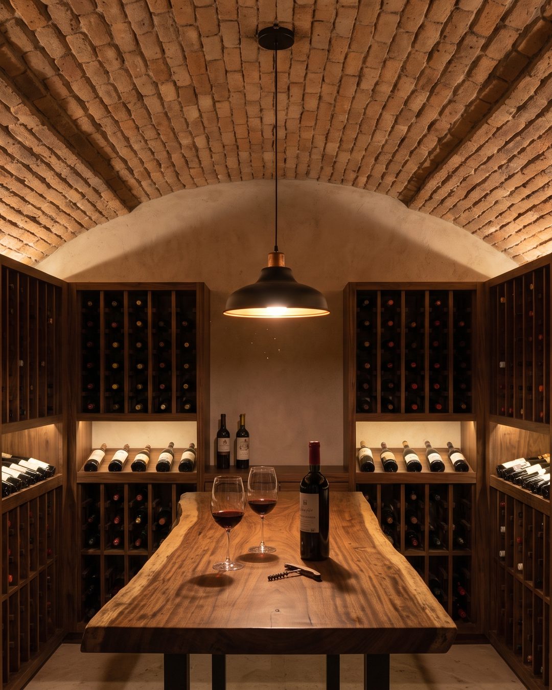 Visualización de cava con bóveda de ladrillo, estantes de madera para botellas y mesa de madera maciza