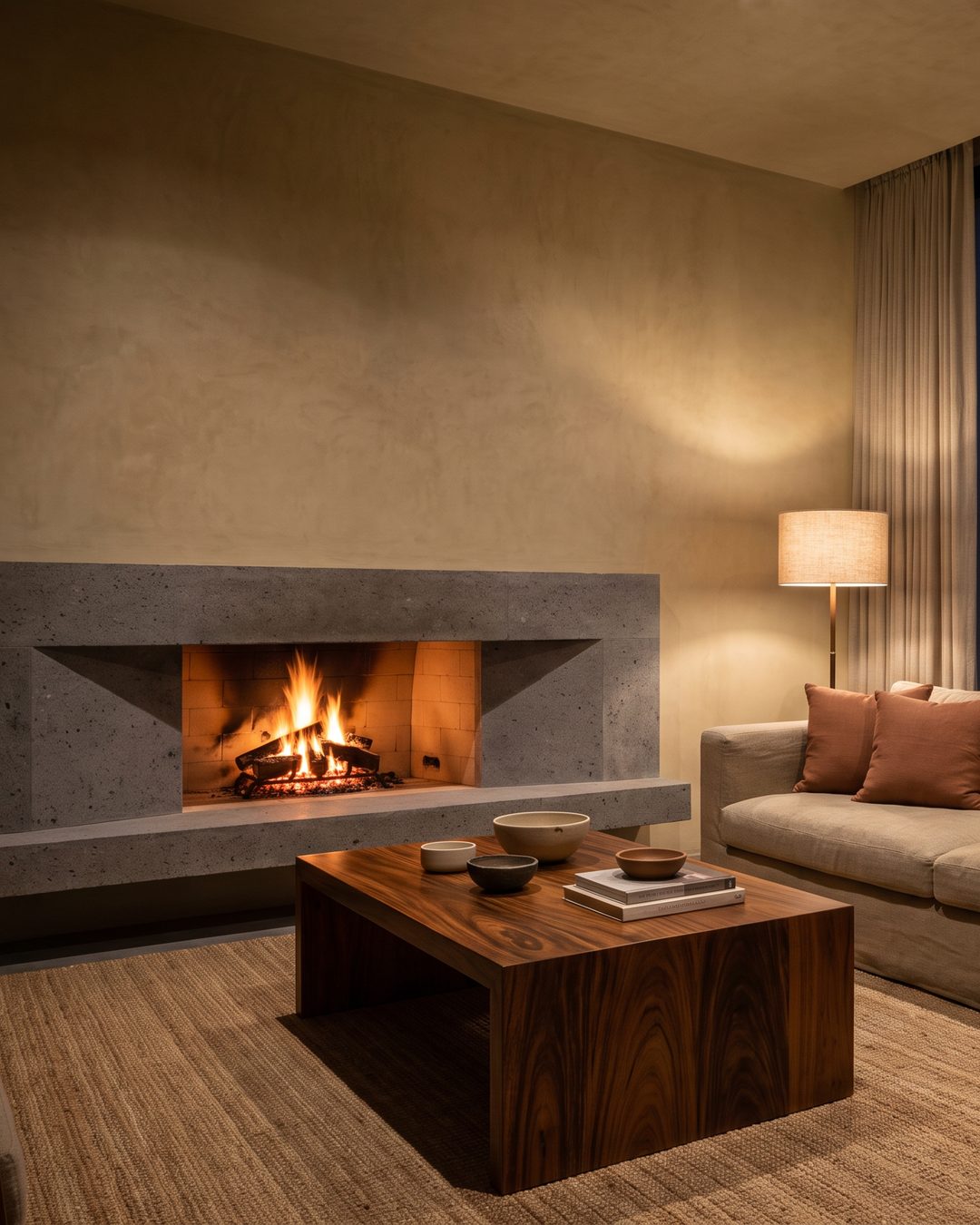 Detalle de sala con chimenea de piedra, mesa de madera y sofá claro con cojines terracota