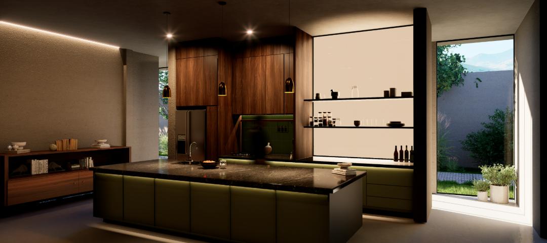 Render de cocina con isla de mármol negro, alacenas de madera y ventanal hacia un jardín con montañas al fondo