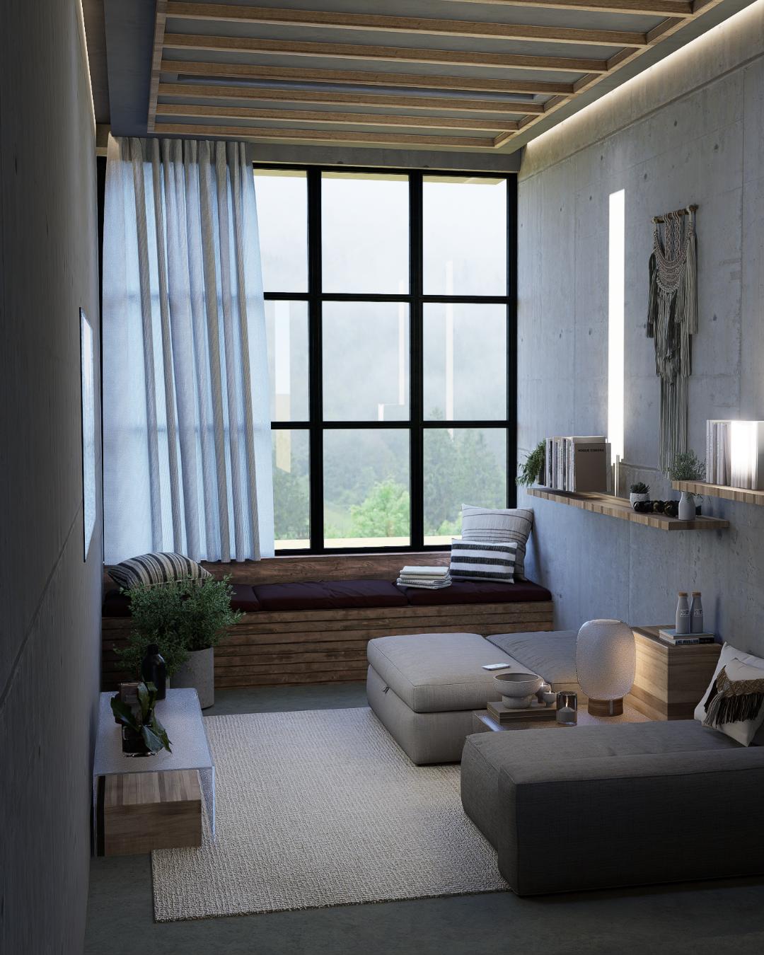 Render de estancia con muros de concreto aparente, plafón de madera, sala baja y ventanal con cortina