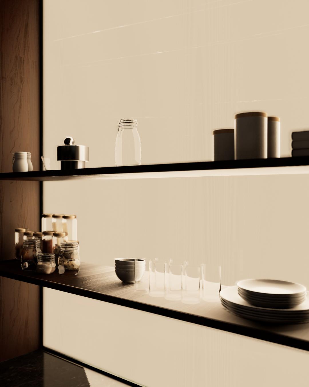 Detalle de repisas iluminadas con frascos, vasos y platos junto a un panel de madera