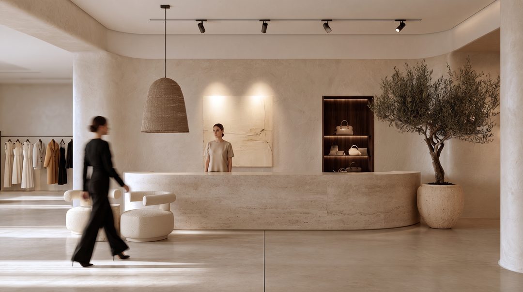 Visualización de tienda de ropa con mostrador curvo de piedra clara, lámpara de fibra natural y un olivo en maceta